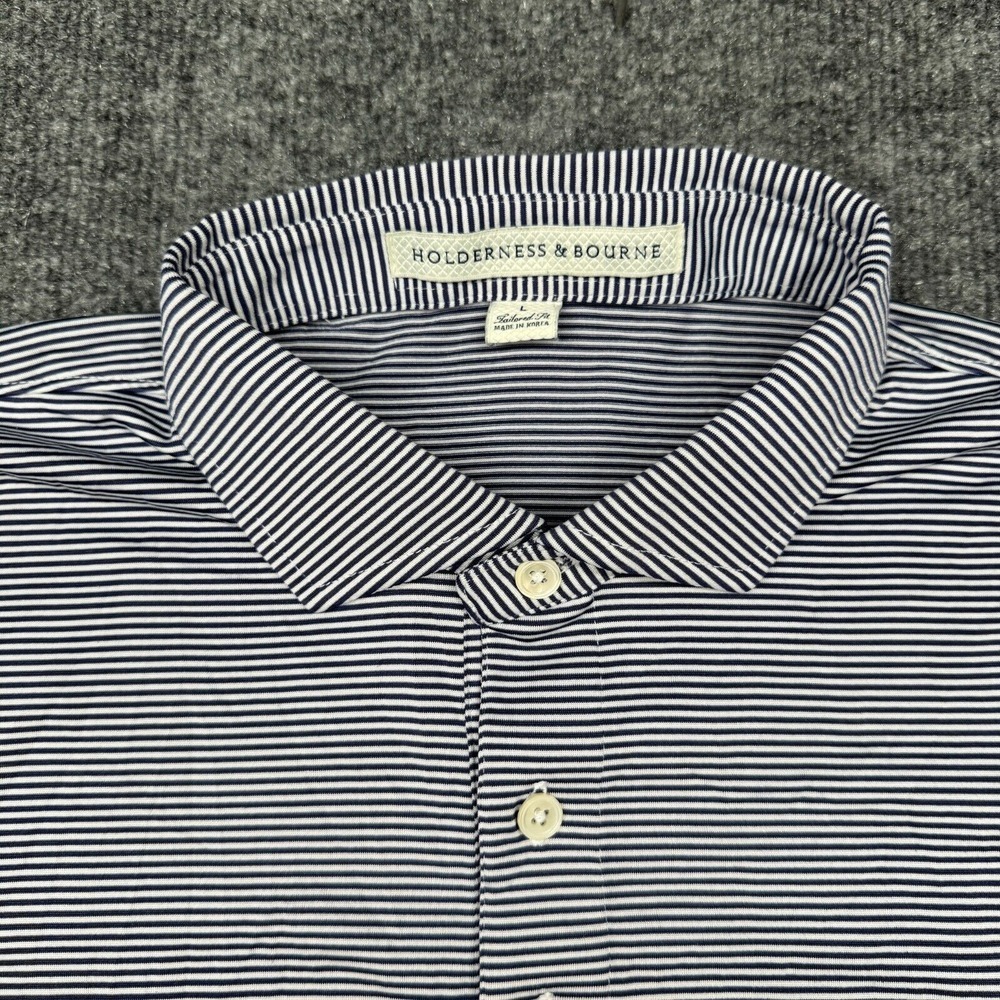 Holderness & Bourne Shirt Men's Large Tailored Fit Golf Polo Blue/White Striped - Picture 2 of 10